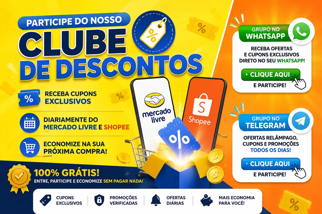 Participe do nosso Clube de Descontos no WhatsApp e Telegram e receba cupons exclusivos do Mercado Livre e Shopee