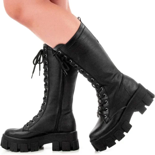 Bota Cano Alto Coturno Feminino Salto Plataforma com Zíper