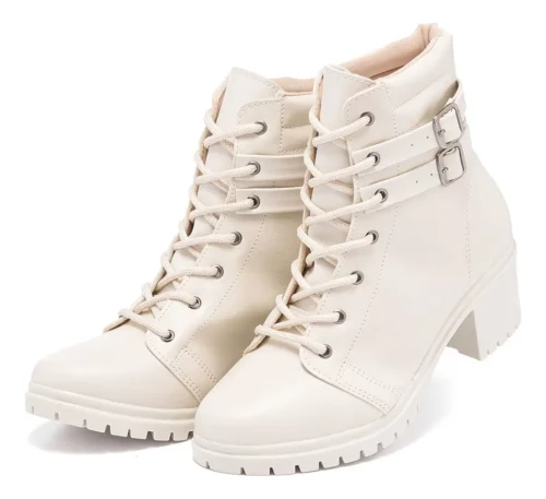 Bota Coturno Feminino Cano Salto Baixo Fivela Casual Básico