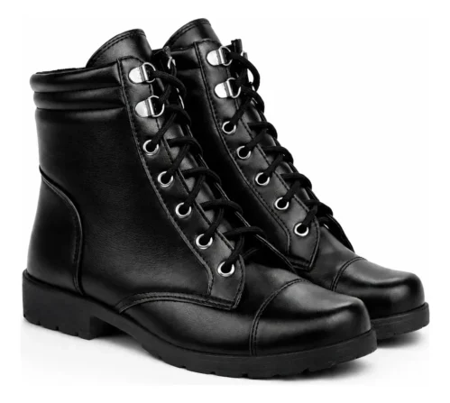 Bota Coturno Salto Baixo Aplicação Metal Preto