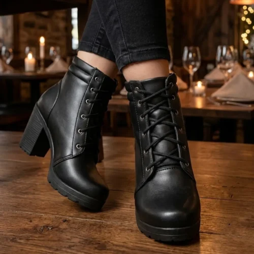 Bota Coturno Salto Grosso Moda Feminino Tratorado Blogueira