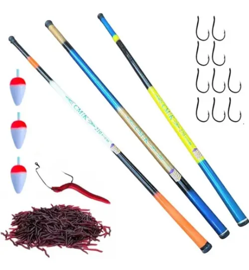Kit 3 Varas de Pesca Telescópicas CMiK (2,10m, 2,70m, 3,00m) + Acessórios