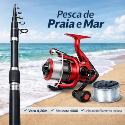 Vara de Pesca 4,20m para Praia e Mar + Molinete 4000 com Linha